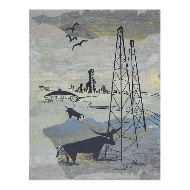 Mid Century Blue and Gray Modernist Longhorns & Oil Wells Serigraph For Sale