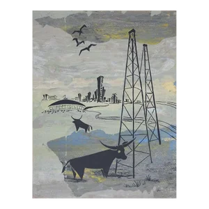 Mid Century Blue and Gray Modernist Longhorns & Oil Wells Serigraph