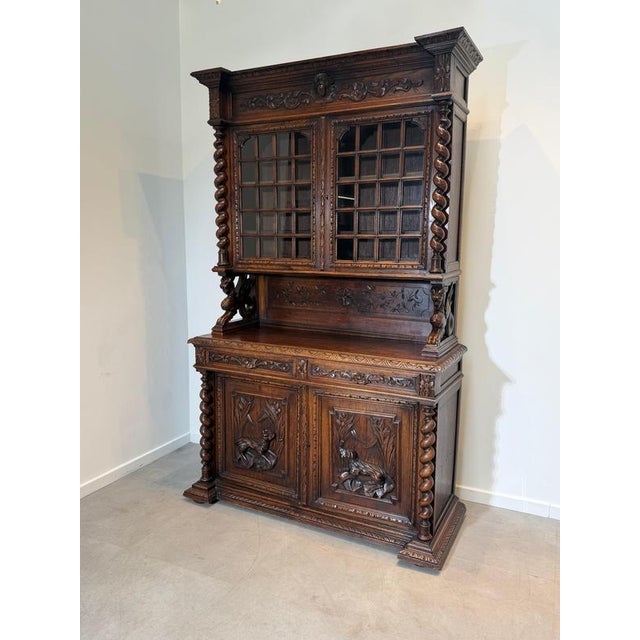Wood Antique Carved Oak Display Cabinet with Barley Twist Columns For Sale - Image 7 of 7