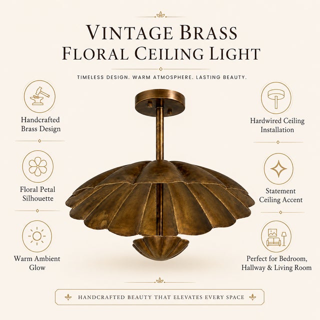 Metal Vintage Brass Floral Ceiling Light, Handmade Lotus Petal Semi Flush Mount Fixture, Antique Brass Scalloped Ceiling Lamp for Bedroom Hallway For Sale - Image 7 of 15