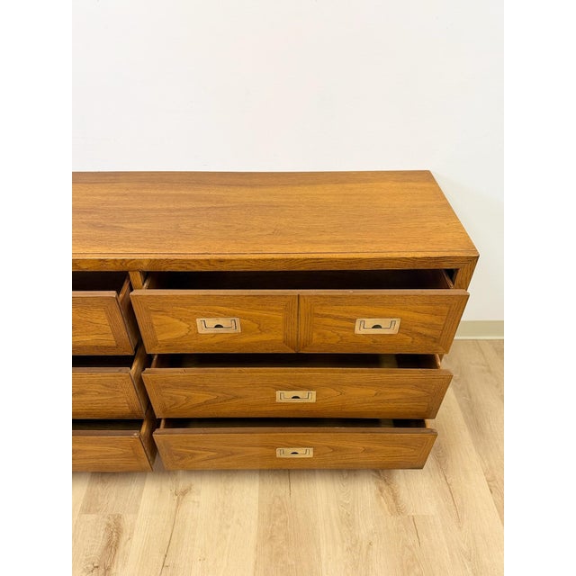 Vintage MCM Dixie Act 2 Campaign Style Dresser Brass Pulls Warm Wood Tone Lowboy For Sale - Image 12 of 14