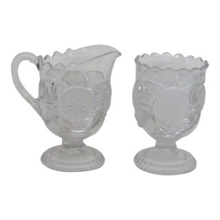 Eapg Glass Horn of Plenty Frosted Circle Footed Creamer and Sugar Bowl Set For Sale