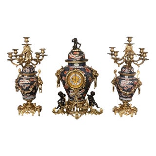Set of 3, 19th Century French Imari Porcelain & Patinated Bronze Garniture Clock Set For Sale