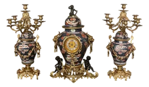 Set of 3, 19th Century French Imari Porcelain & Patinated Bronze Garniture Clock Set
