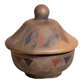 Vintage Hand Carved and Painted Geometric Lidded Earthenware Pottery Bowl For Sale