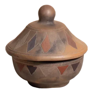 Vintage Hand Carved and Painted Geometric Lidded Earthenware Pottery Bowl