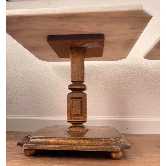 Stone Pair of Vintage Hollywood Regency Gilt Pedestal Tables With Marble Tops For Sale - Image 7 of 9