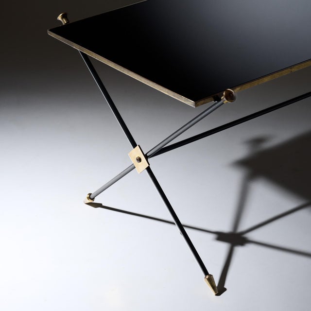 French Mid-Century Black Glass, Iron and Brass Coffee Table For Sale - Image 9 of 9