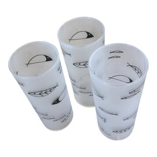 Mid 20th Century Hand-Painted Frosted "Atomic Fish" Collins Glasses - Set of 3 For Sale