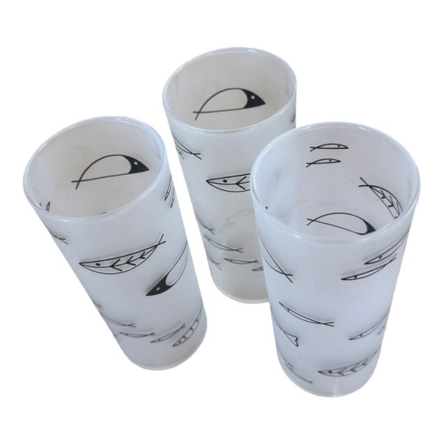 Mid 20th Century Hand-Painted Frosted "Atomic Fish" Collins Glasses - Set of 3 For Sale
