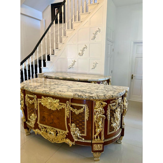 1900 - 1909 Antique Louis XVI Style of Mahogany, Fruitwood Marquetry & Gilt Bronze Mounted Commodes after the Original by Jean-Henri Riesener, 1900s, Set of 2 For Sale - Image 5 of 18