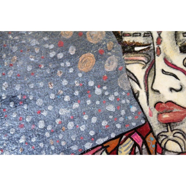 Textile J Renwick Signed Acrylic Painting on Canvas Art Nouveau Female Figure Framed For Sale - Image 7 of 12