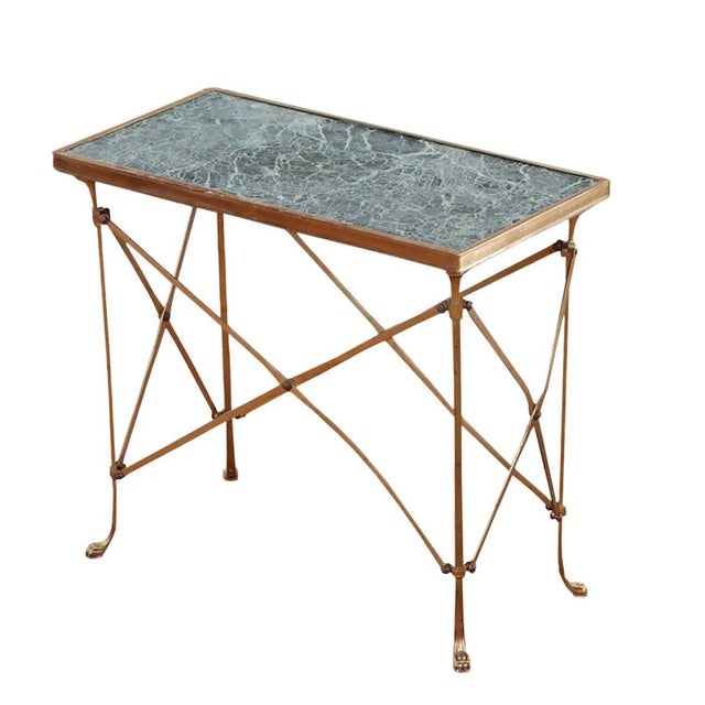 Hollywood Regency Pair of Brass Side Tables With Mable Top and Paw Footed Detail For Sale - Image 3 of 3