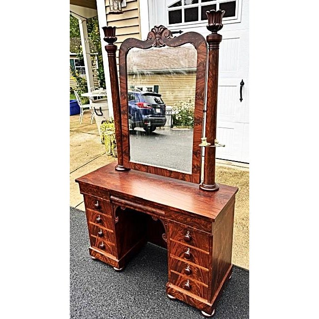 American Outstanding Antique Empire Mahogany Mirrored Kneehole Dressing Table or Vanity For Sale - Image 3 of 18