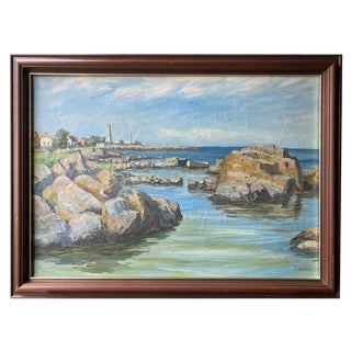 C. Hollen, Rock Pools and Harbour, Oil on Canvas, 1940s, Framed For Sale