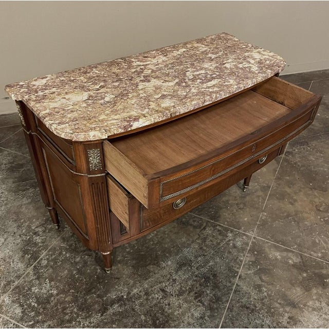 Chestnut Antique French Louis XVI Neoclassical Marble Top Walnut Commode For Sale - Image 8 of 16