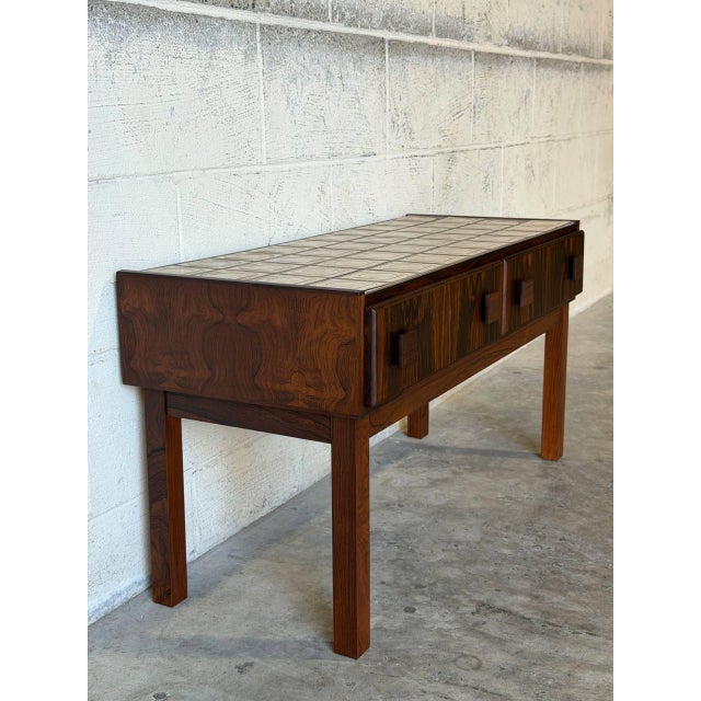 Brown Rosewood 2-Drawer Entryway Console Table With Geometric Tiled Top Mid-Century Modern 1960s For Sale - Image 8 of 11
