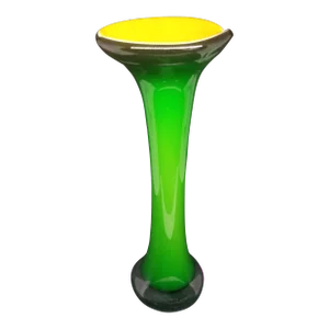 Vtg. MCM Green Stretch Glass Vase With White and Yellow Casing