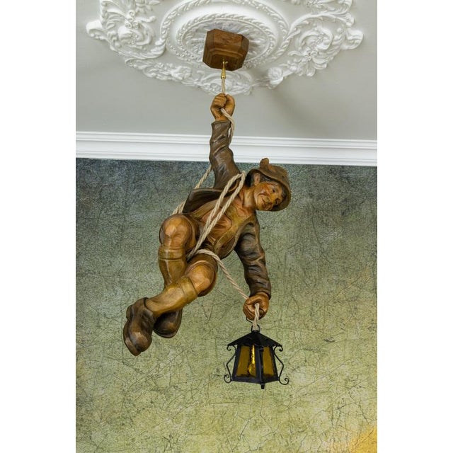Large German Black Forest Carved Wood Mountaineer with Lantern, 1950s For Sale - Image 3 of 18