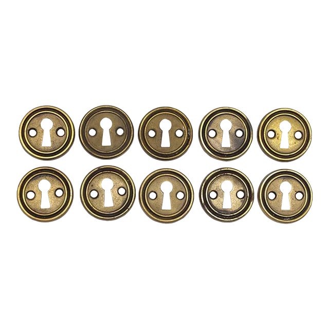 Set of 10 Vintage Circular 1.5 In. Brass Plated Steel Door Keyhole Covers For Sale
