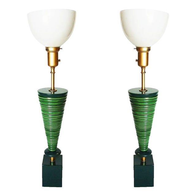 Mid-Century Ceramic Geometric Spiral Cone Table Lamp by Rembrandt, Pair For Sale