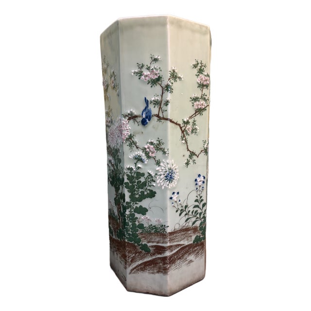 Late 19th Century Japanese Porcelain Celadon Hexagonal Umbrella Stand With Birds and Flowers For Sale