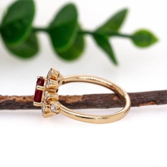 2020s 1ct Mozambique Ruby and Earth-Mined Diamond Floral Ring in Solid 14k Gold, Size 6.75 For Sale - Image 5 of 7