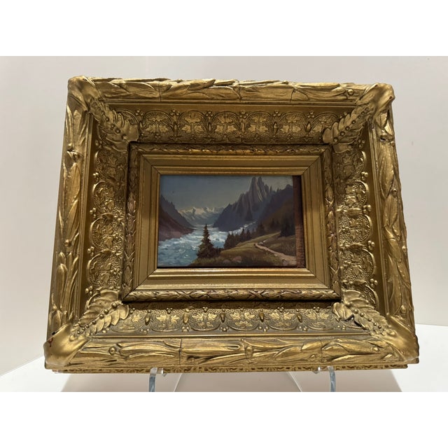 Grand Tour Early 20th Century Alpine Landscapes, Mer De Glace, Chamonix, Pair of Gilt-Framed Paintings For Sale - Image 3 of 9