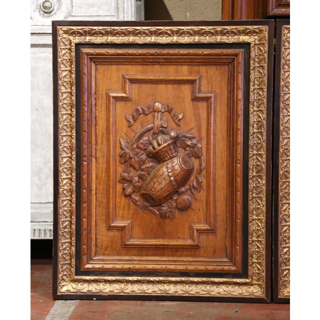 French Pair of 19th Century, French Carved Oak Wall Door Panels in Gilt Frames For Sale - Image 3 of 10