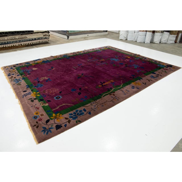 Art Deco Art Deco Antique Purple Wool Rug Handmade With Chinese Floral Motif For Sale - Image 3 of 10