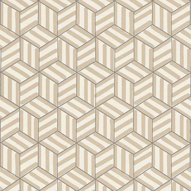 Sample - Schumacher Tumbling Blocks Stripes Geometric Wallpaper in Greige For Sale