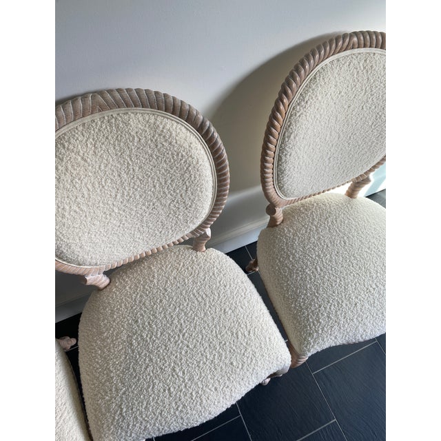 Set of Four Vintage Italian Carved Wood Rope Chairs Upholstered in White Boucle For Sale In New York - Image 6 of 13
