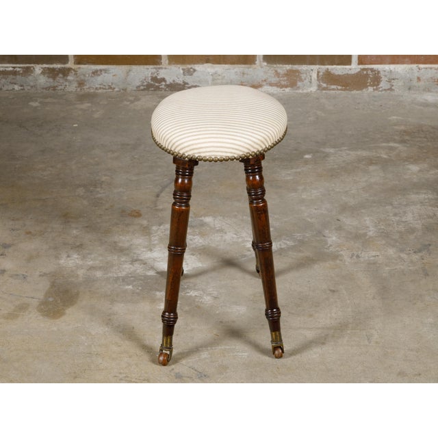 English Turned Oak 19th Century Stool on Casters with Oval Upholstered Seat For Sale - Image 12 of 12