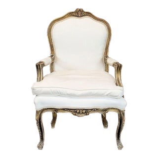 Elegant Vintage Armchair With White Upholstery and Gold Trim For Sale
