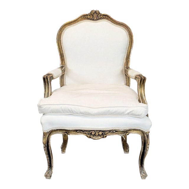 Elegant Vintage Armchair With White Upholstery and Gold Trim For Sale