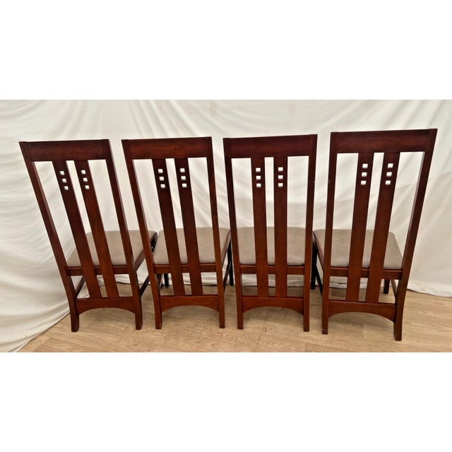 L. & J.G. Stickley, Inc. Four Stickley Arts and Crafts Side Chairs Slat Back Leather Seats Solid Cherry For Sale - Image 4 of 14