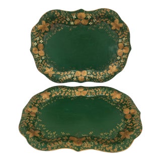 Green Painted Tole Trays - A Pair For Sale