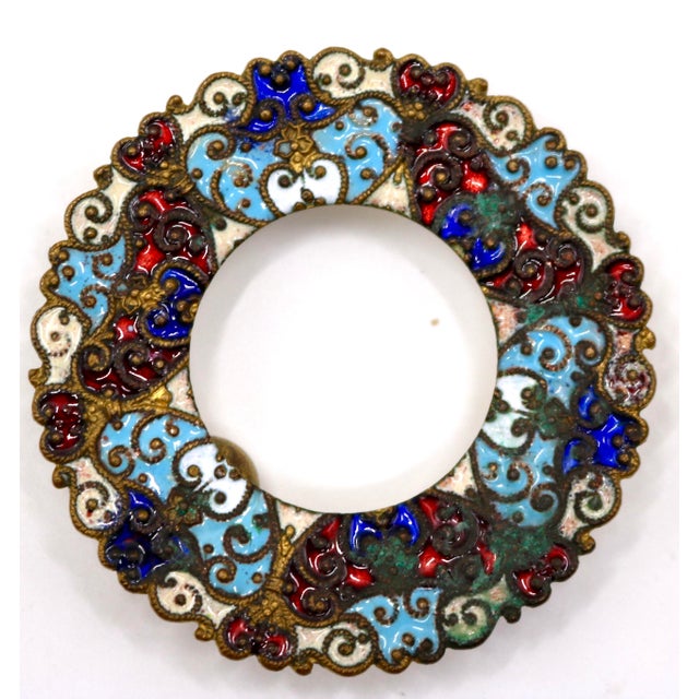 19th Century French Champlevé Enamel & Cut Glass Open a pair of Salt Cellars With Spoons - 4 pcs For Sale - Image 9 of 12