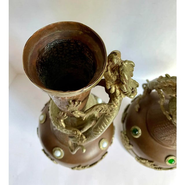 Pair of Antique Asian Tibetan Copper Brass Dragon Vases For Sale - Image 11 of 12