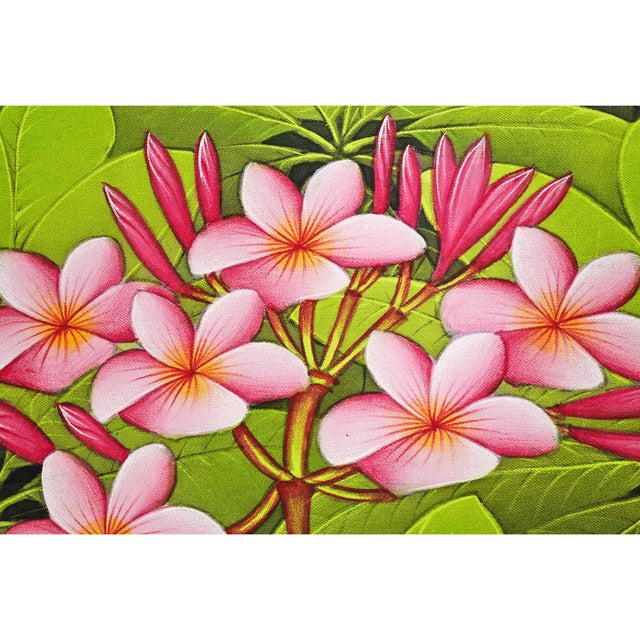 Indian Flora Fauna Birds & Pink Plumeria Acrylic on Canvas Painting For Sale - Image 3 of 4
