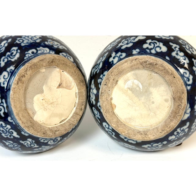 Pair of Late Qing Blue & White Porcelain Garlic-Neck Vases, Lion Mask Handles For Sale - Image 4 of 14