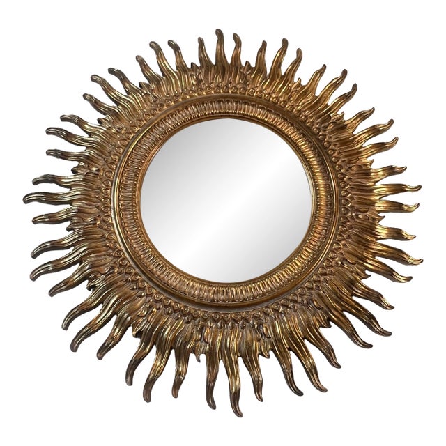 Vintage Mid Century Modern Large Sunburst Sun Labarge Wall Art Mirror Gold Gilt Hollywood Regency 1970s MCM For Sale