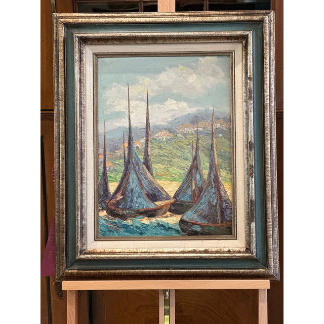 An exceptional original oil on canvas by Burnice Huggins (Dallas, Texas), titled “Drying the Fishing Nets, Nazaré,...