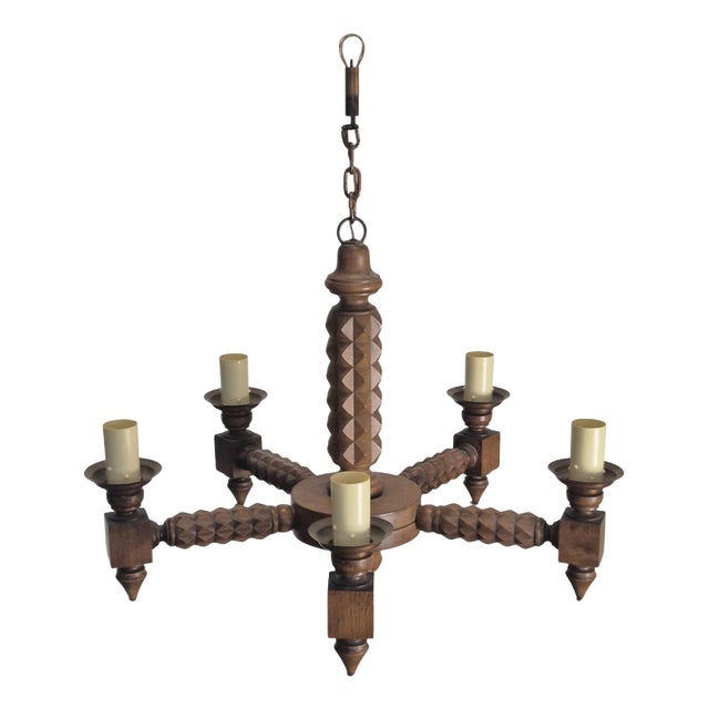Carved Wooden Chandelier with Diamond Points, 1960s For Sale