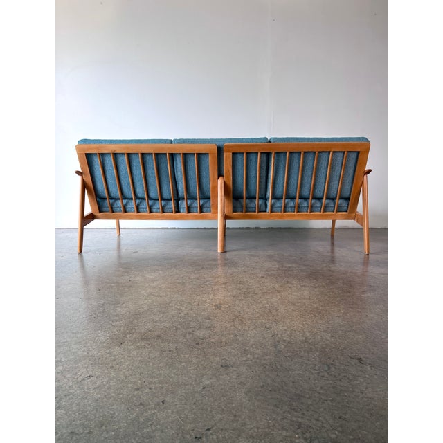 1960s 1960s Beechwood Mid Century Danish Modern 3 Seater Sofa Reupholstered in a Blue Chenille For Sale - Image 5 of 10