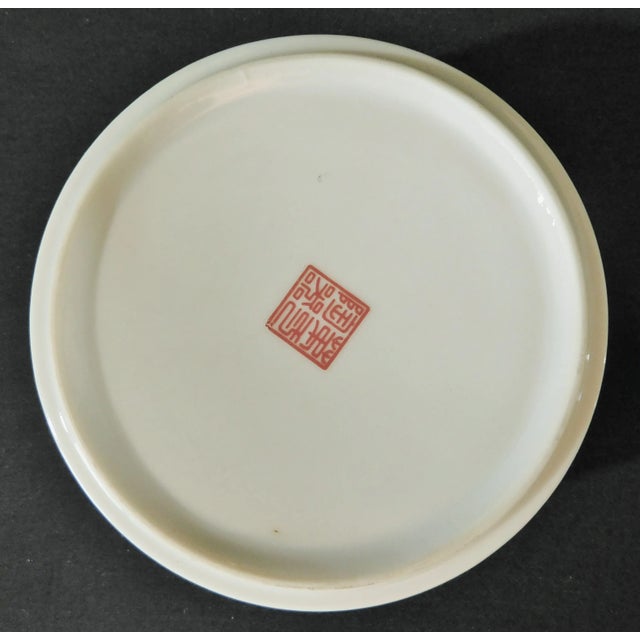 Blue Vintage Chinese Hand Painted Red & Blue Peacock Floral Round Porcelain Trinket Dresser Box For Sale - Image 8 of 9