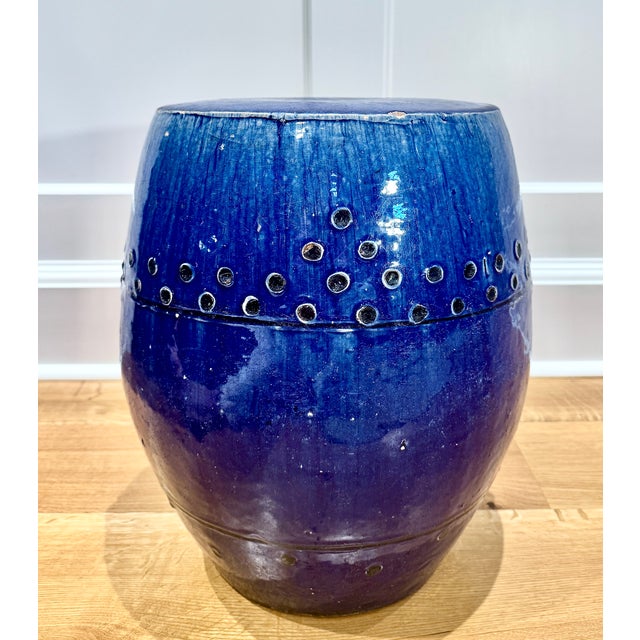 Early 20th Century Antique Chinese Export Cobalt Blue Glazed Garden Stool, Mask Handles For Sale - Image 5 of 12
