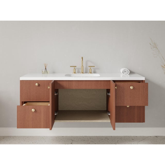 Mid-Century Modern Floating Bathroom Vanity - 48" Width - Natural Wood Veneer - Handcrafted in Brooklyn, Ny For Sale - Image 3 of 10