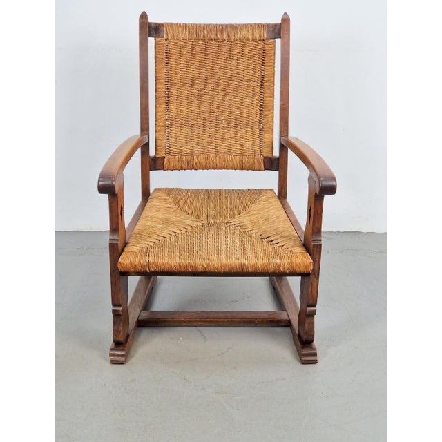 Vintage brutalist armchair Rush oak Japandi '50s A beautiful armchair in brutalist style from the 1950s arm chair with...