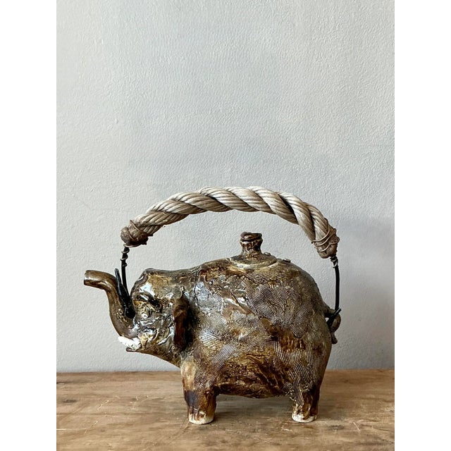 Rustic Vintage Boho Original Studio Pottery Elephant Teapot For Sale - Image 3 of 10
